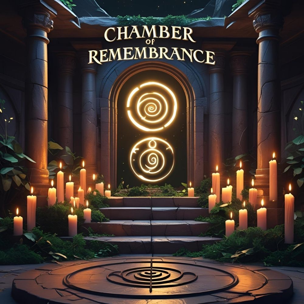 A sacred chamber with glowing spirals and candles.