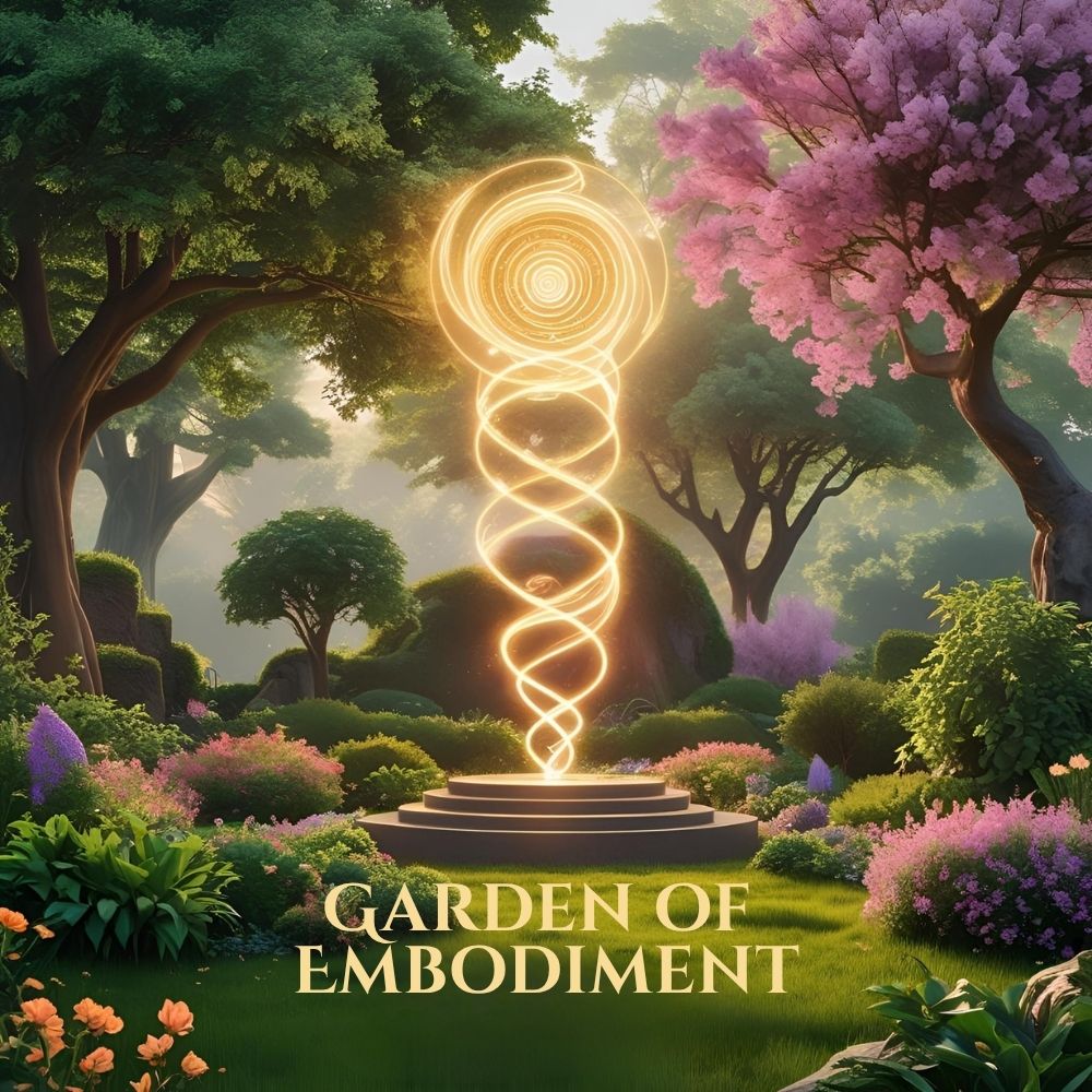 A lush, magical garden with a central glowing energy spiral.