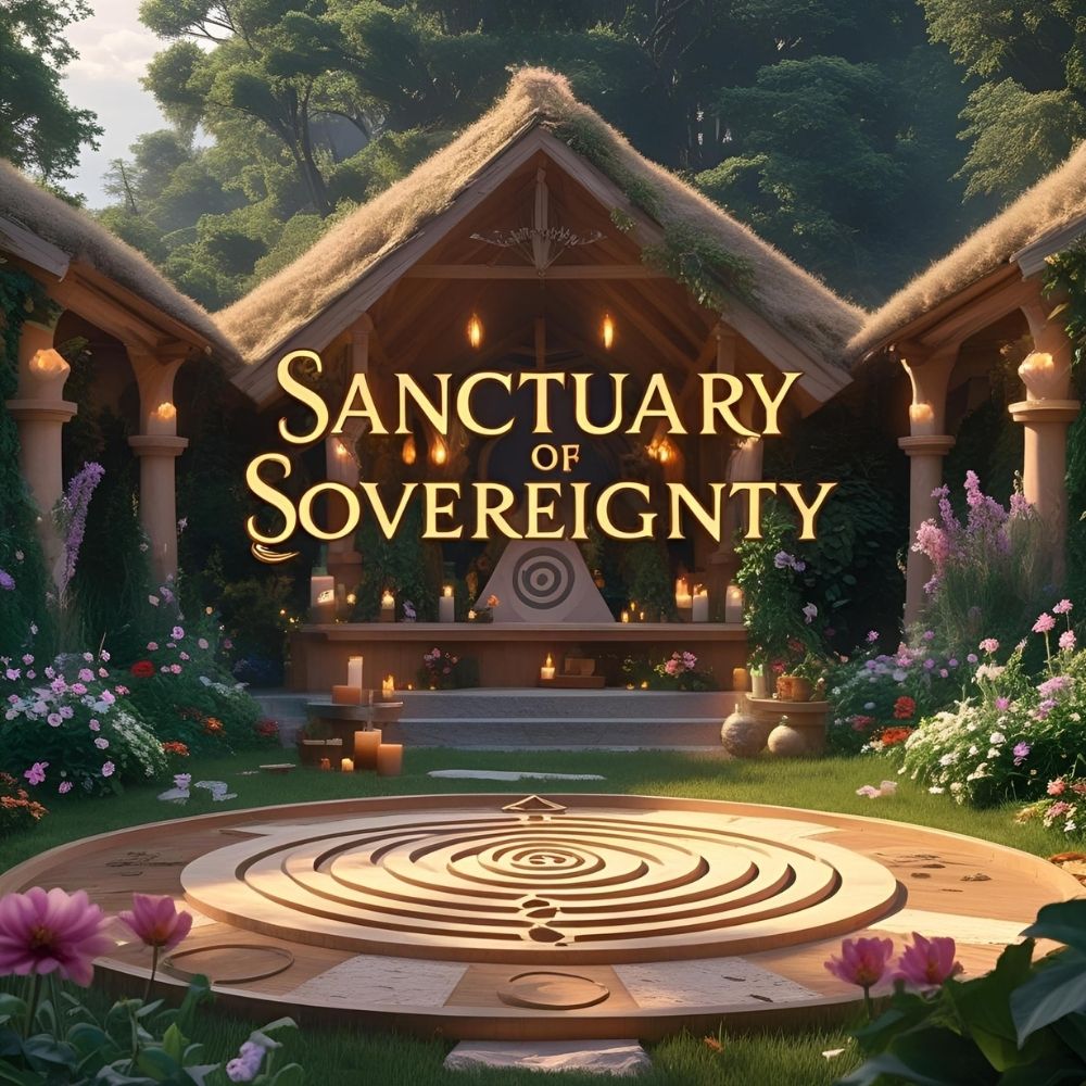 A beautiful sanctuary with a thatched roof and a central labyrinth.